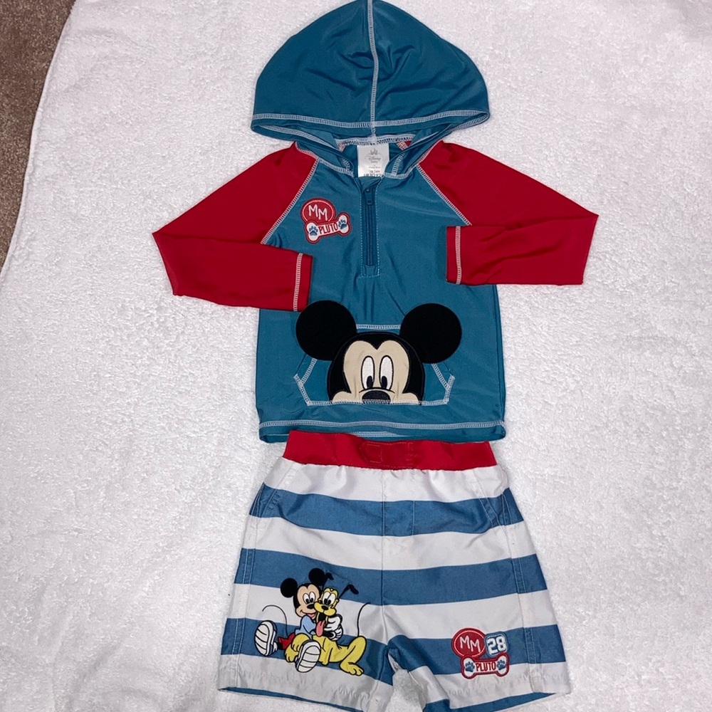 Disney Baby Mickey Mouse Rash Guard and swim trunks bathing suit 18/24m